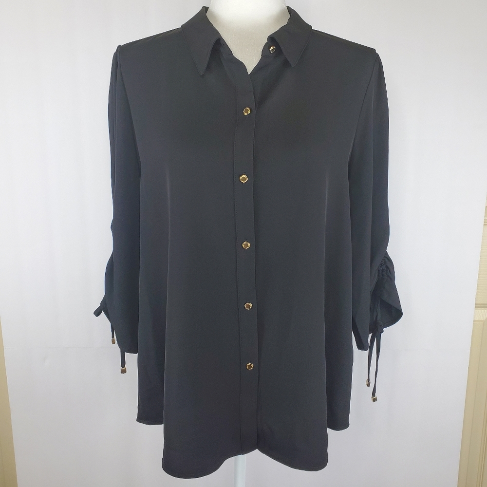 Calvin Klein Black Ruched Sleeve Button Shirt Collared Large L